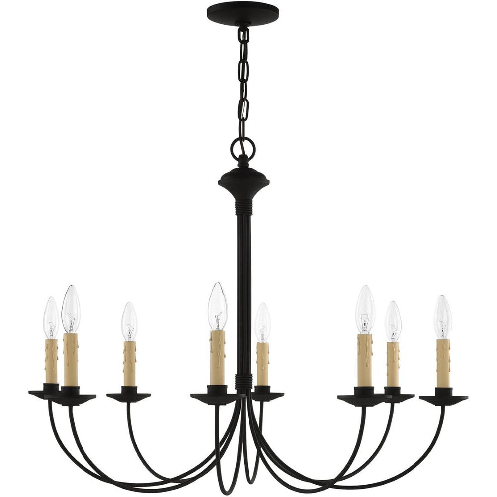HomeRoots Black Eight-Light Metal Dimmable Chandelier with Cylindrical Shades for Modern Home Ambiance 687405