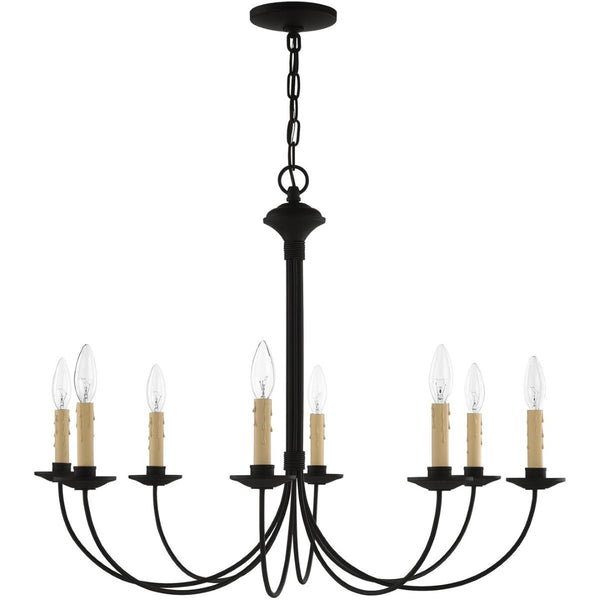 HomeRoots Black Eight-Light Metal Dimmable Chandelier with Cylindrical Shades for Modern Home Ambiance 687405