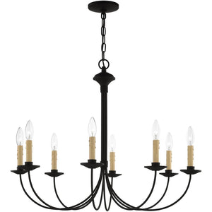 HomeRoots Black Eight-Light Metal Dimmable Chandelier with Cylindrical Shades for Modern Home Ambiance 687405