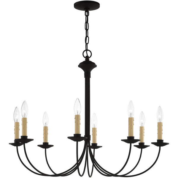 HomeRoots Black Eight-Light Metal Dimmable Chandelier with Cylindrical Shades for Modern Home Ambiance 687405