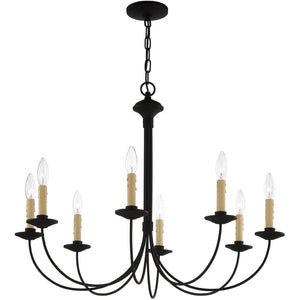 HomeRoots Black Eight-Light Metal Dimmable Chandelier with Cylindrical Shades for Modern Home Ambiance 687405