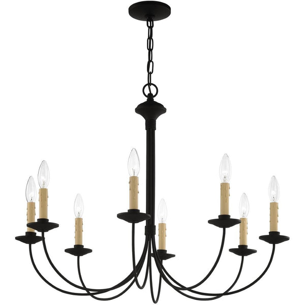 HomeRoots Black Eight-Light Metal Dimmable Chandelier with Cylindrical Shades for Modern Home Ambiance 687405