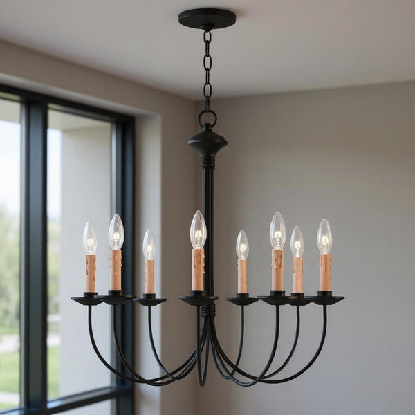 HomeRoots Black Eight-Light Dimmable Chandelier - Modern Cylinder Shades for Elegant Ambient Lighting 687406