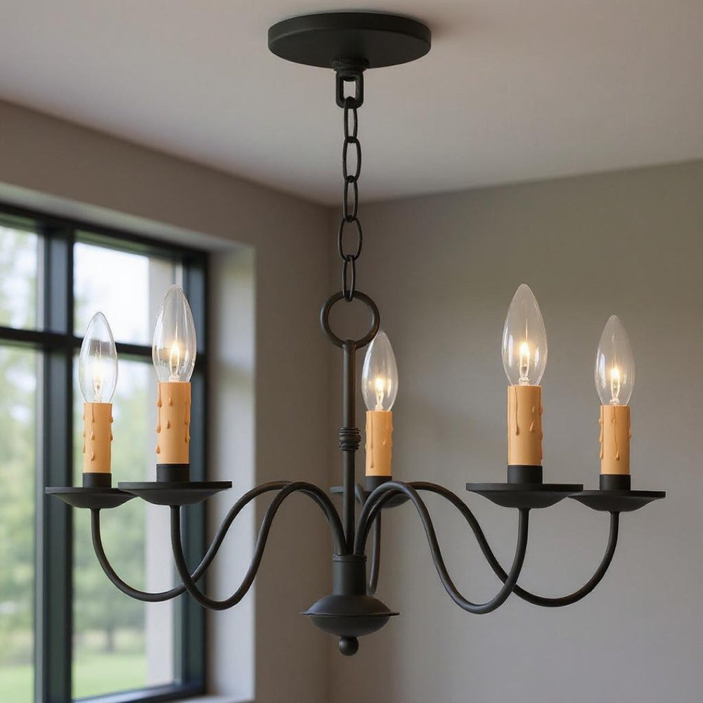 HomeRoots Black Five-Light Dimmable Chandelier with Cylindrical Shades for Contemporary Home Elegance 687410