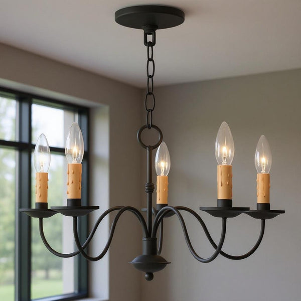 HomeRoots Black Five-Light Dimmable Chandelier with Cylindrical Shades for Contemporary Home Elegance 687410