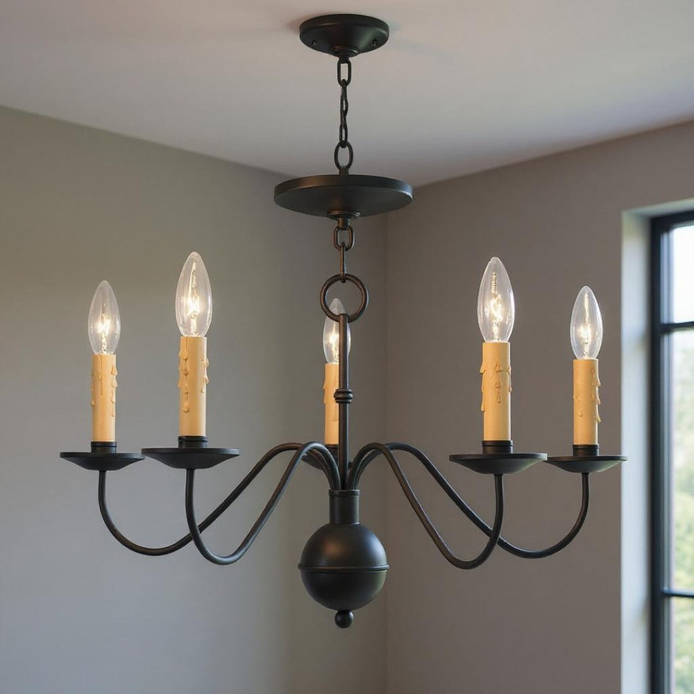 HomeRoots Black Five-Light Dimmable Chandelier – Modern Minimalist Design with Cylindrical Shades for Any Room 687414