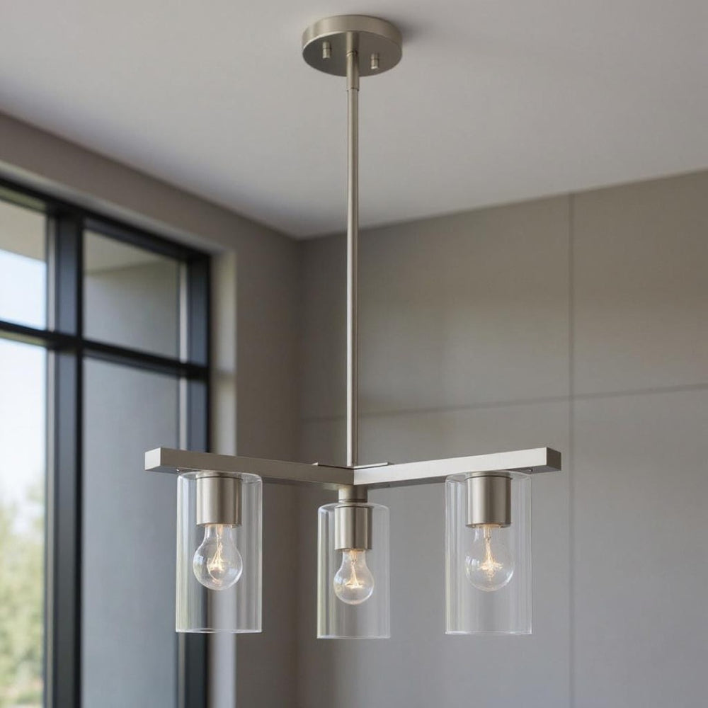 HomeRoots Three Light Dimmable Chandelier with Sleek Cylinder Shades for Modern Ambiance in Any Room 687418