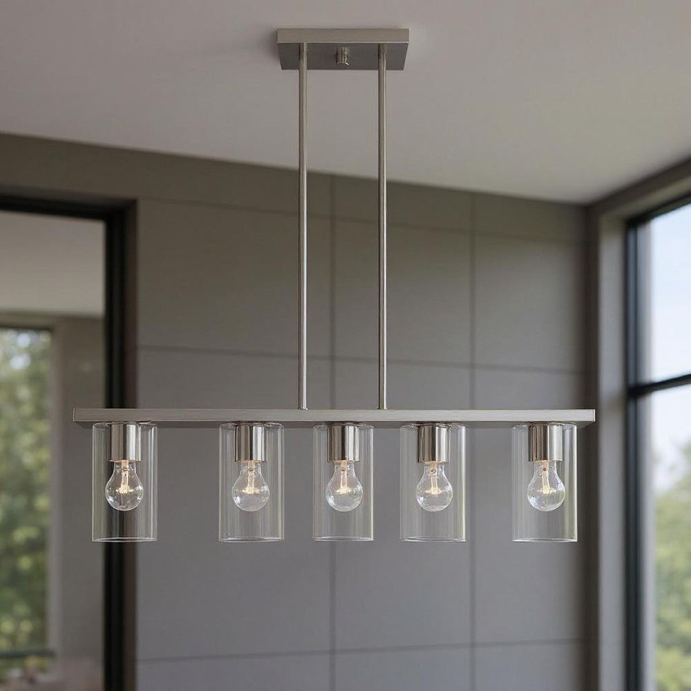 HomeRoots Four Light Dimmable Chandelier with Modern Cylindrical Shades for Stylish Ambiance Control 687419