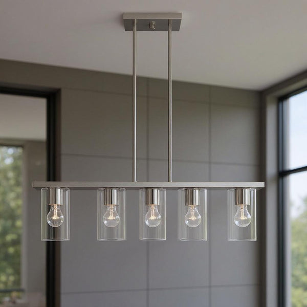 HomeRoots Four Light Dimmable Chandelier with Modern Cylindrical Shades for Stylish Ambiance Control 687419