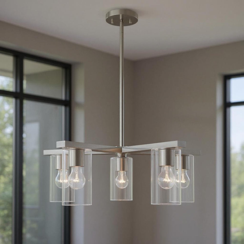 HomeRoots Five Light Dimmable Chandelier - Elegant Cylinder Shades for Modern Spaces, Perfect Ambiance Lighting 687420