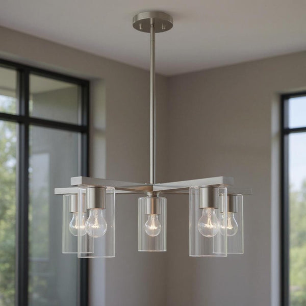 HomeRoots Five Light Dimmable Chandelier - Elegant Cylinder Shades for Modern Spaces, Perfect Ambiance Lighting 687420