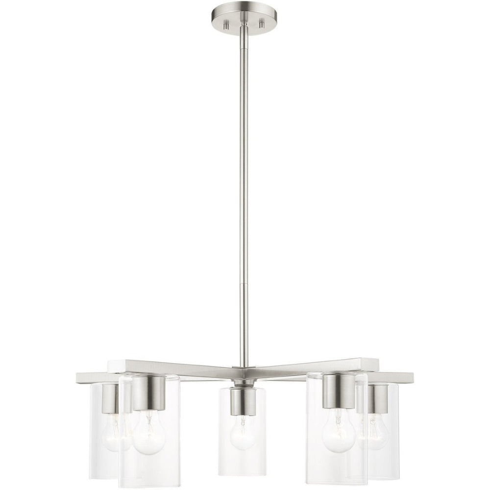 HomeRoots Five Light Dimmable Chandelier - Elegant Cylinder Shades for Modern Spaces, Perfect Ambiance Lighting 687420