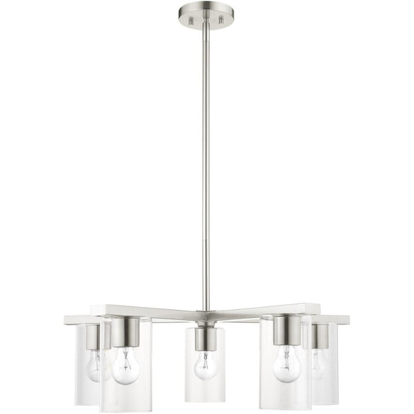 HomeRoots Five Light Dimmable Chandelier - Elegant Cylinder Shades for Modern Spaces, Perfect Ambiance Lighting 687420