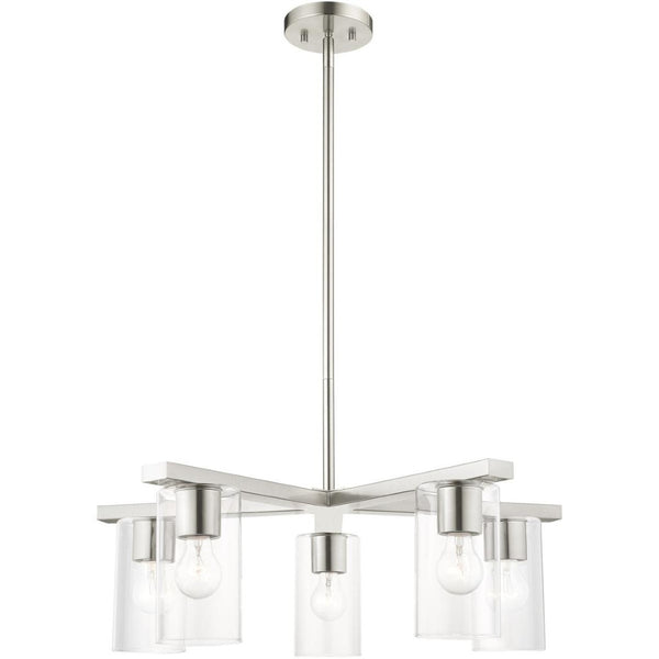 HomeRoots Five Light Dimmable Chandelier - Elegant Cylinder Shades for Modern Spaces, Perfect Ambiance Lighting 687420