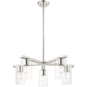 HomeRoots Five Light Dimmable Chandelier - Elegant Cylinder Shades for Modern Spaces, Perfect Ambiance Lighting 687420
