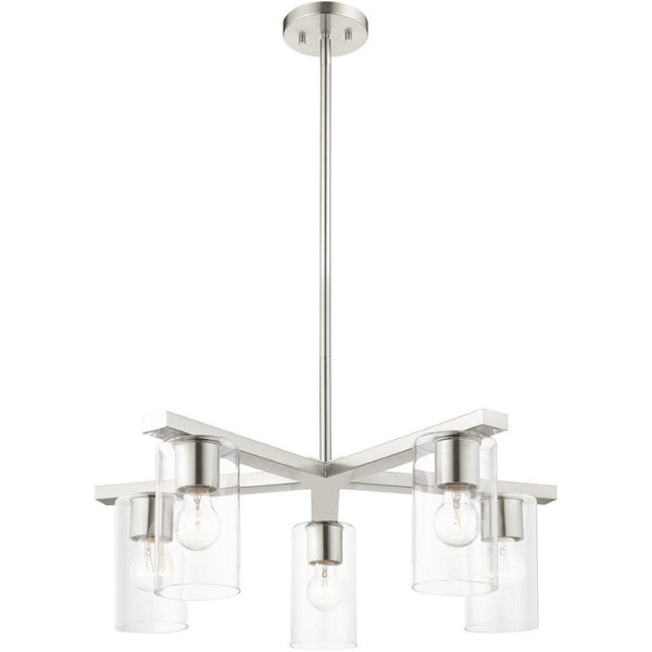 HomeRoots Five Light Dimmable Chandelier - Elegant Cylinder Shades for Modern Spaces, Perfect Ambiance Lighting 687420