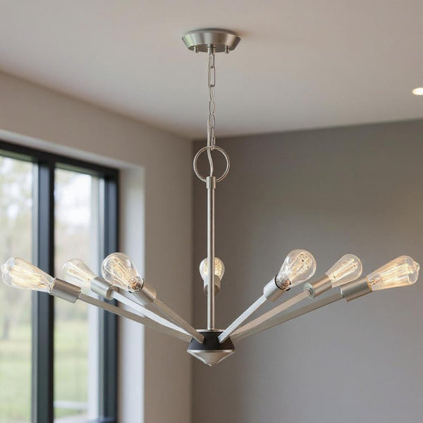 HomeRoots Seven Light Dimmable Chandelier – Modern Elegance with Cylinder Shades for Dining & Living Spaces 687424