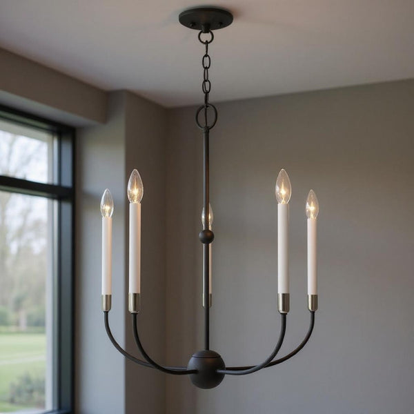 HomeRoots Five Light Dimmable Chandelier - Modern Steel Design with Adjustable Brightness for Stylish Spaces 687428