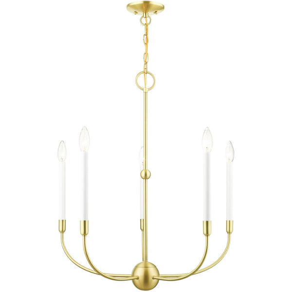 HomeRoots Five Light Dimmable Chandelier with Sleek Steel Shades - Modern Ambiance for Any Room Decor 687429