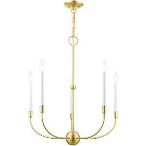 HomeRoots Five Light Dimmable Chandelier with Sleek Steel Shades - Modern Ambiance for Any Room Decor 687429