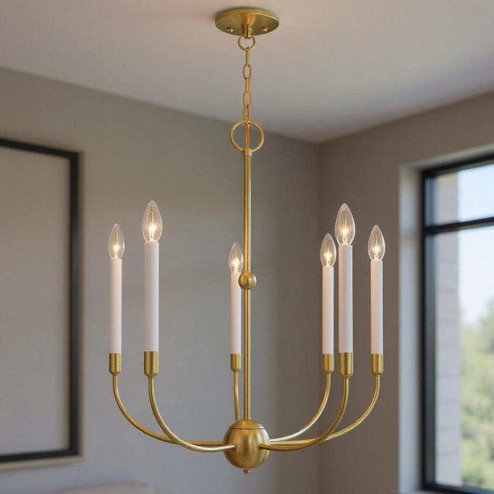 HomeRoots Five Light Dimmable Chandelier with Sleek Steel Shades - Modern Ambiance for Any Room Decor 687429