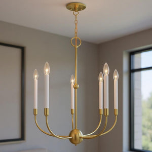 HomeRoots Five Light Dimmable Chandelier with Sleek Steel Shades - Modern Ambiance for Any Room Decor 687429