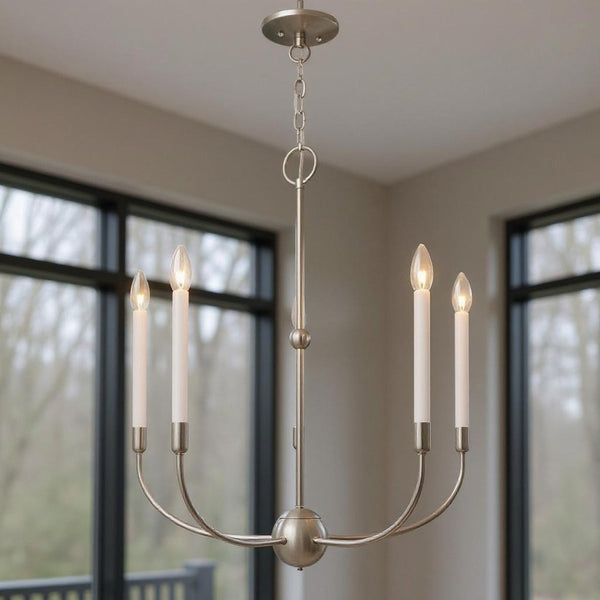 HomeRoots Five Light Dimmable Chandelier – Modern Cylindrical Shades, Steel Construction for Stylish Ambiance 687430
