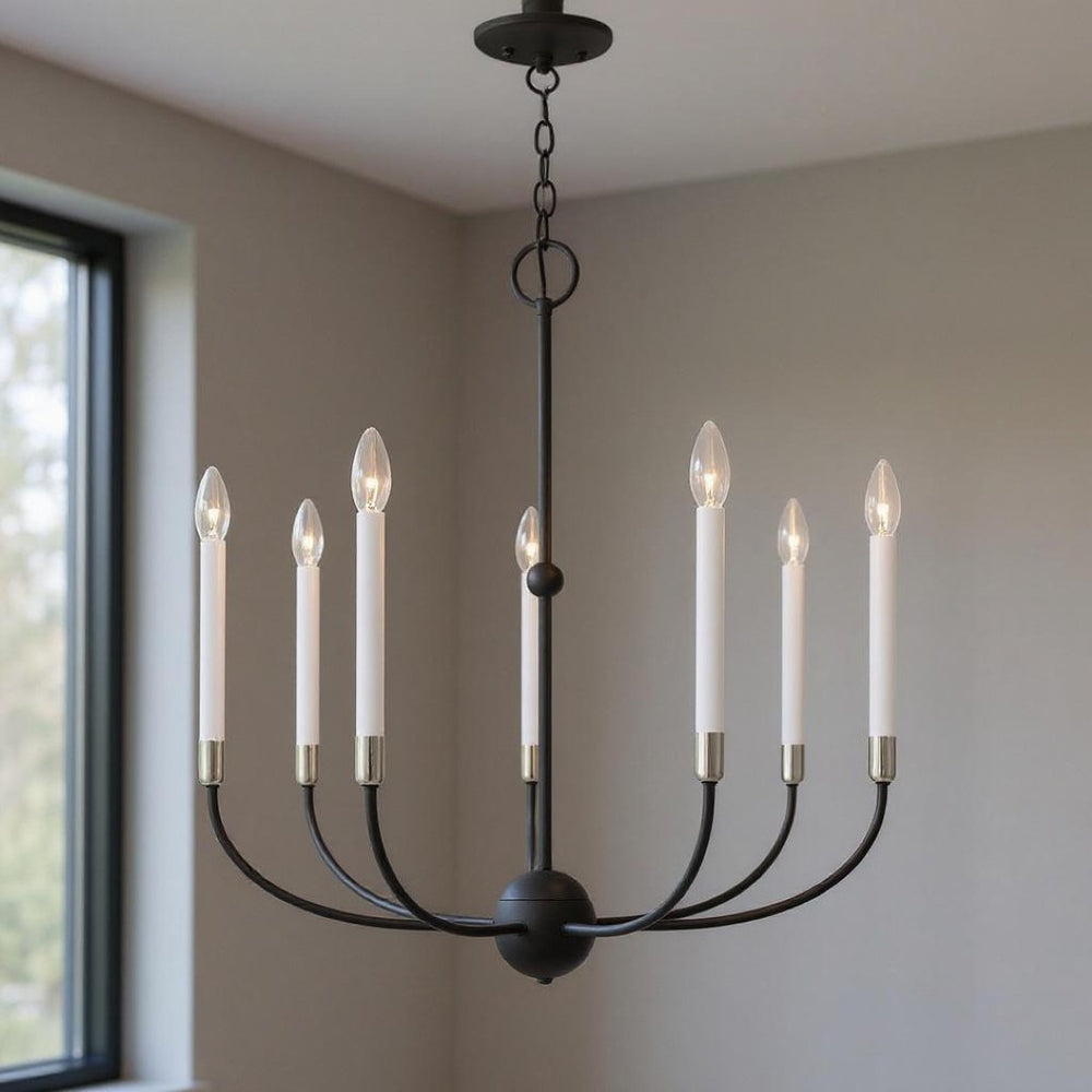 HomeRoots Seven Light Dimmable Chandelier - Modern Cylinder Design with Steel Shades for Elegant Lighting 687431