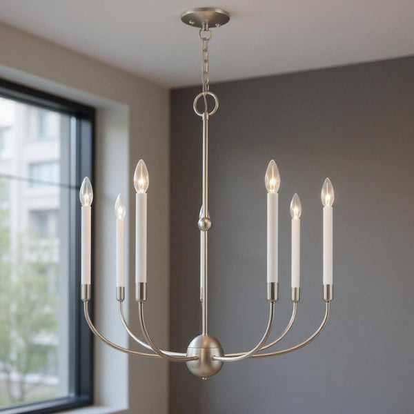 HomeRoots Seven Light Dimmable Chandelier - Modern Steel Design with Cylindrical Shades for Any Space 687432