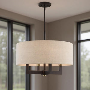 HomeRoots Four Light Dimmable Chandelier - Modern Steel Shades, Cylindrical Design for Stylish Home Lighting 687439