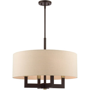 HomeRoots Four Light Dimmable Chandelier - Modern Steel Shades, Cylindrical Design for Stylish Home Lighting 687439
