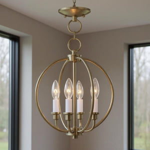 HomeRoots Brass Four-Light Dimmable Chandelier with Modern Steel Shades - Perfect for Dining and Living Spaces 687448