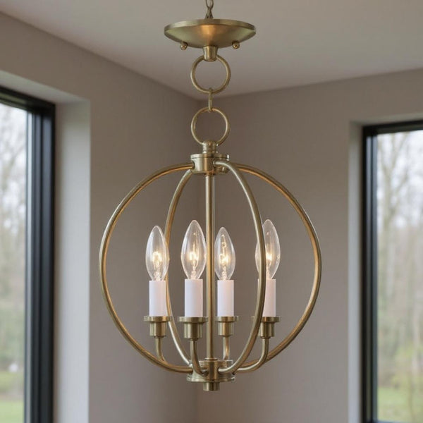 HomeRoots Brass Four-Light Dimmable Chandelier with Modern Steel Shades - Perfect for Dining and Living Spaces 687448