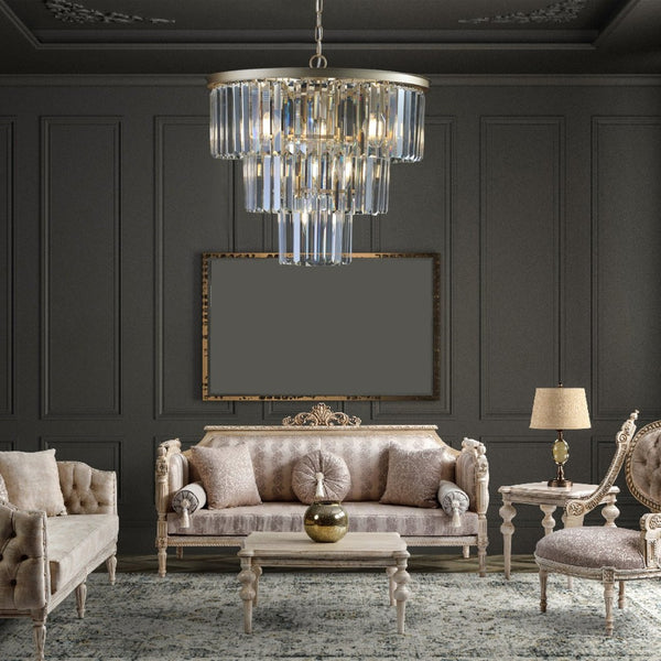 English Elm 20" K9 Crystal Tiered Chandelier 7 Light Gold Frame Glam Pendant for Dining Foyer W2312P415969