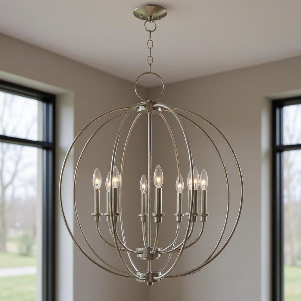 HomeRoots Eight Light Dimmable Chandelier - Modern Cylindrical Steel Shades, Perfect for Any Room Ambiance 687459