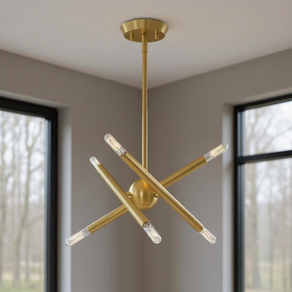 HomeRoots Six Light Dimmable Chandelier – Modern Steel Fixture with Sleek Shades for Versatile Home Ambiance 687463
