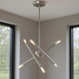 HomeRoots Six Light Dimmable Chandelier - Modern Cylinder Shades, Steel Design for Dining Rooms & Entryways 687465