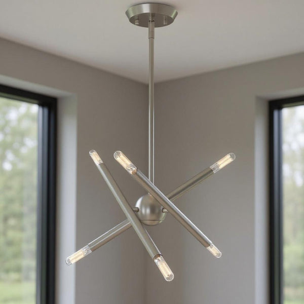 HomeRoots Six Light Dimmable Chandelier - Modern Cylinder Shades, Steel Design for Dining Rooms & Entryways 687465