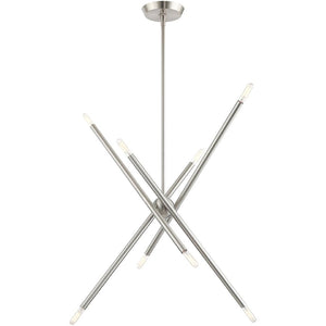HomeRoots Eight Light Dimmable Chandelier – Modern Cylinder Design with Steel Build & Fabric Shades for Ambiance 687475