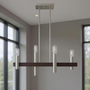 HomeRoots Four Light Dimmable Chandelier – Modern Cylinder Steel Shades for Entryway, Dining, Kitchen Elegance 687480