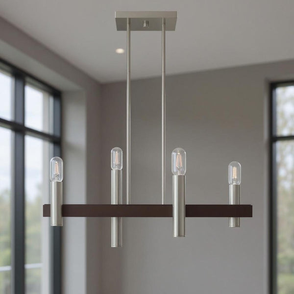 HomeRoots Four Light Dimmable Chandelier – Modern Cylinder Steel Shades for Entryway, Dining, Kitchen Elegance 687480