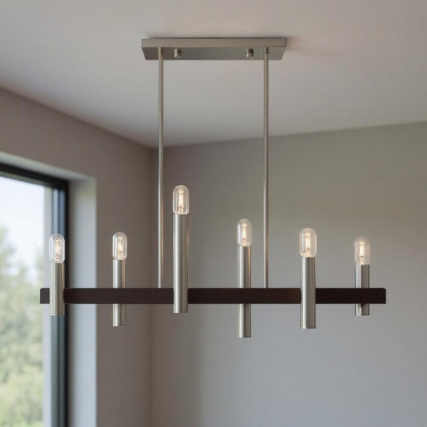 HomeRoots Six Light Dimmable Chandelier - Modern Cylindrical Design with Steel Shades for Elegant Spaces 687482