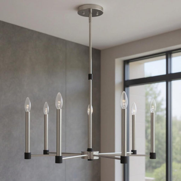 HomeRoots Seven Light Dimmable Chandelier - Modern Steel Shades for Versatile Illumination in Any Space 687490