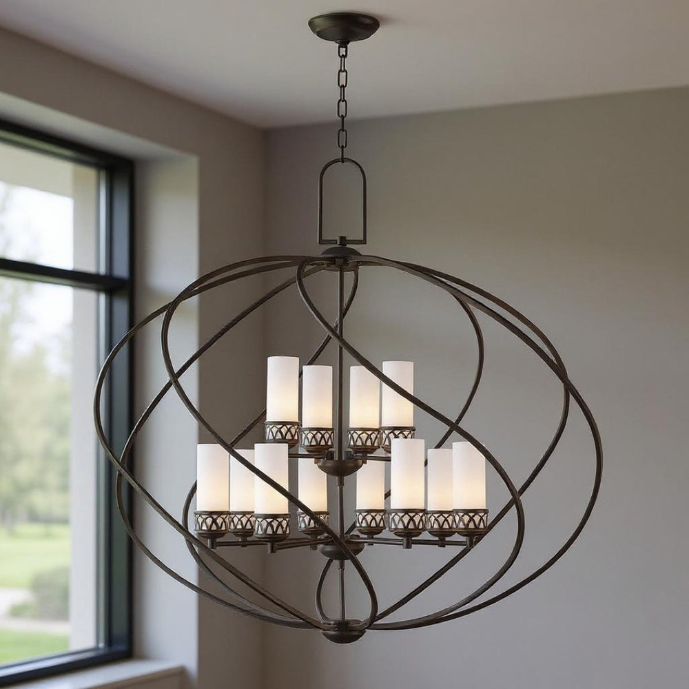 HomeRoots Twelve Light Dimmable Chandelier - Contemporary Steel Shades, Stylish Cylinder Design for Any Space 687493