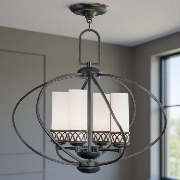 HomeRoots Four Light Dimmable Chandelier with Cylindrical Shades for Modern Living Spaces & Versatile Lighting 687495