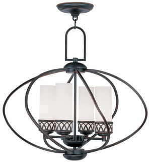 HomeRoots Four Light Dimmable Chandelier with Cylindrical Shades for Modern Living Spaces & Versatile Lighting 687495