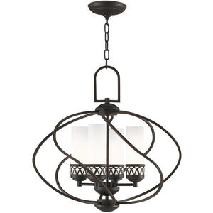 HomeRoots Four Light Dimmable Chandelier with Cylindrical Shades for Modern Living Spaces & Versatile Lighting 687495