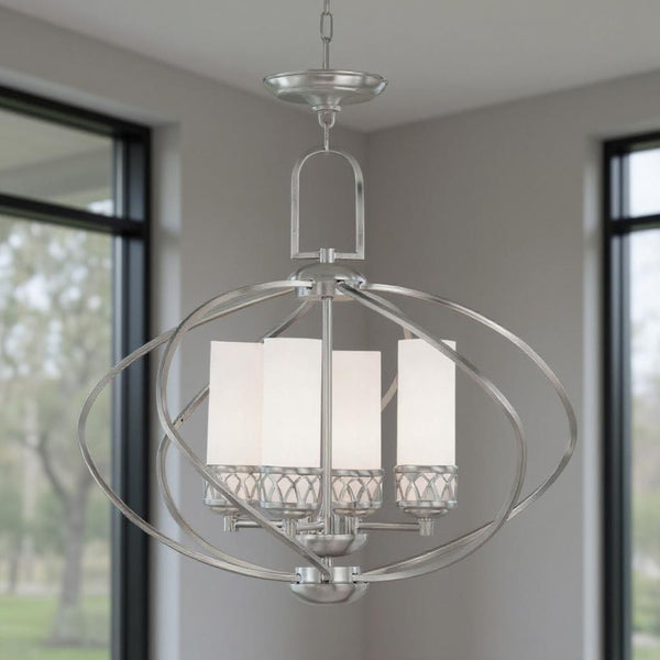 HomeRoots Four Light Dimmable Chandelier with Sleek Cylinder Shades for Modern Home Ambiance & Style 687496