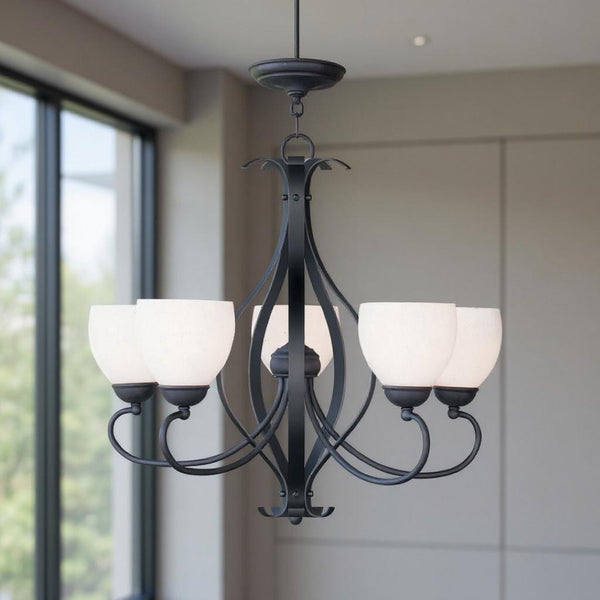 HomeRoots Black Five-Light Dimmable Chandelier - Modern Cylindrical Shades for Elegant Ambient Lighting 687499
