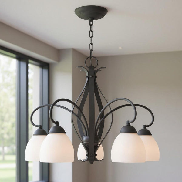 HomeRoots Black Five-Light Dimmable Chandelier with Sleek Cylinder Shades for Modern Home Elegance & Style 687500